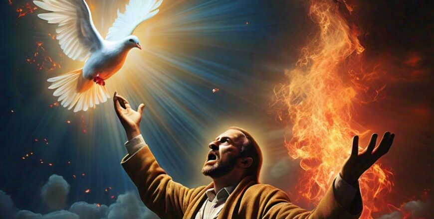 a_man_lifting_hands_to_heaven_with_a_figure_of_fire_around_him_a_flying_dove_descending_with_rays_on_him (1)